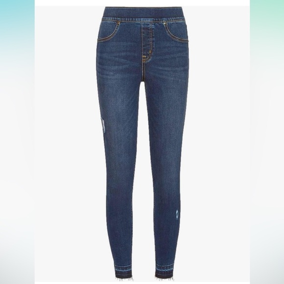 Spanx distressed skinny jeans raw hem size small medium wash blue shapewear - Picture 4 of 15